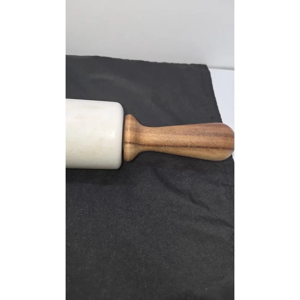 Pampered Chef White Marble Rolling Pin #1607 w/ Wood Handles & Cradle Stand